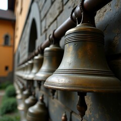 Fototapeta premium row old rusty bells hanging wall bells arranged line appear old weathered wall stone has rough texture background blurred appears outdoor setting building greenery visible taken low angle looking