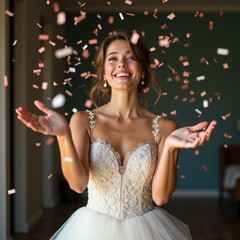young woman white wedding dress standing room green wall background she smiling has her arms stretched out front her she throwing confetti air confetti various colors including pink orange white