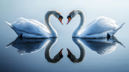 Obraz premium Romantic white swans forming a heart shape on a calm lake at sunrise, symbolizing love, unity, and tranquility, with soft mist and gentle water reflections in a peaceful nature setting.