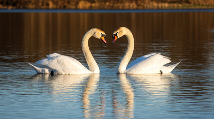 Obraz premium Romantic white swans forming a heart shape on a calm lake at sunrise, symbolizing love, unity, and tranquility, with soft mist and gentle water reflections in a peaceful nature setting.