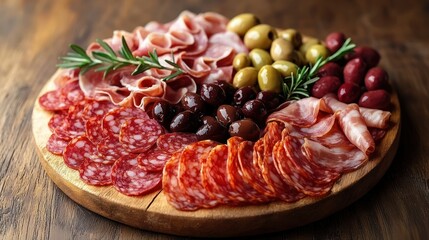 Obraz premium Wooden board, charcuterie, olives, rosemary, appetizer, food, delicious, table, background, party