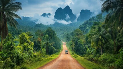 Scenic drive through tropical jungle with misty mountains in background