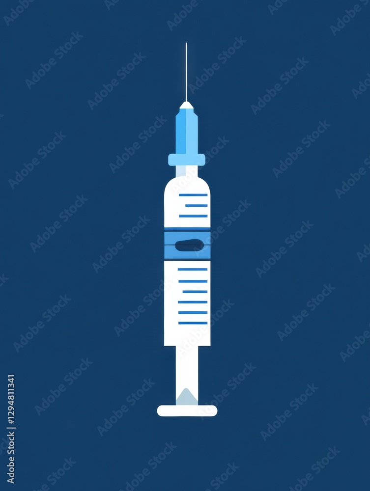 Poster syringe isolated on a blue background emphasizing medical usage and safety in healthcare practices. 