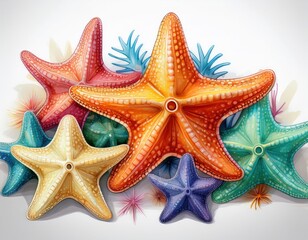 Colorful starfish in different poses marine life art 