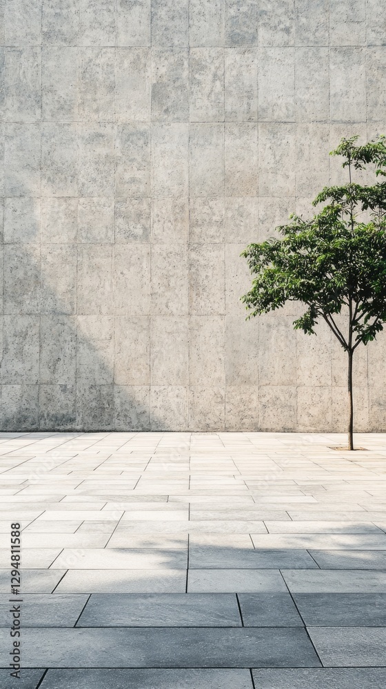 Poster a tranquil plaza unfolds with large stone tiles underfoot, where a single tree stands gracefully aga