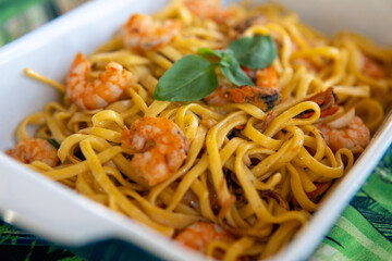 delicious and juicy shrimp noodles in vibrant colors
