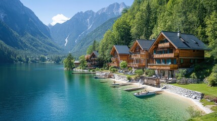 Obraz premium Scenic alpine lake with wooden cottages and majestic mountain backdrop