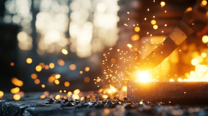 A rustic medieval blacksmith forge, with molten metal glowing in the fire and sparks flying as a hammer strikes an anvil. Historical craftsmanship and strength