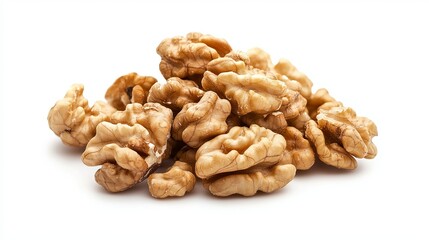 Walnuts paired with a fresh green leaf, isolated on a white background. Macro shot, top-down view.