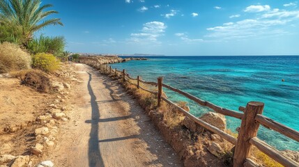 Obraz premium Sunny coastal pathway in cyprus with clear blue waters