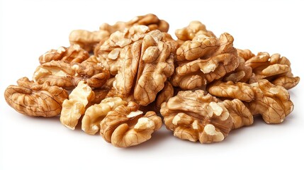 Walnuts paired with a fresh green leaf, isolated on a white background. Macro shot, top-down view.