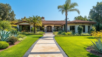 Fototapeta premium Bright sunlight illuminates a beautiful house with a spacious yard. A charming walkway meanders through manicured gardens, showcasing colorful plants and inviting palms