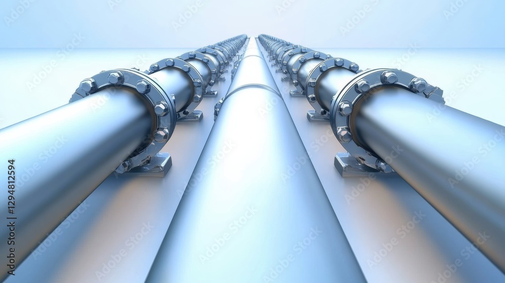 Poster long perspective view of metallic gas pipelines stretching into the distance in an industrial settin