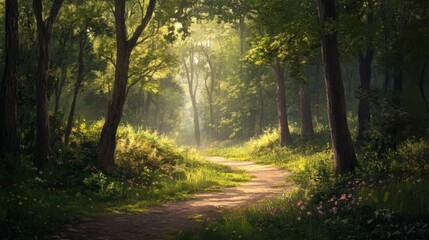 Obraz premium Sunlit Forest Path With Lush Greenery