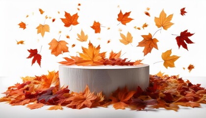 Podium covered with autumn leaves falling in mid-air seasonal display fall decor 
