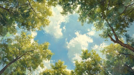 Looking up at green tree canopy with blue sky and white clouds