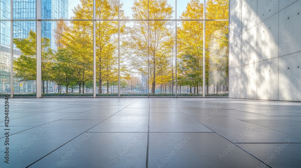 Poster a vast stone tiled plaza opens up to stunning large glass walls revealing autumn trees outside. sunl