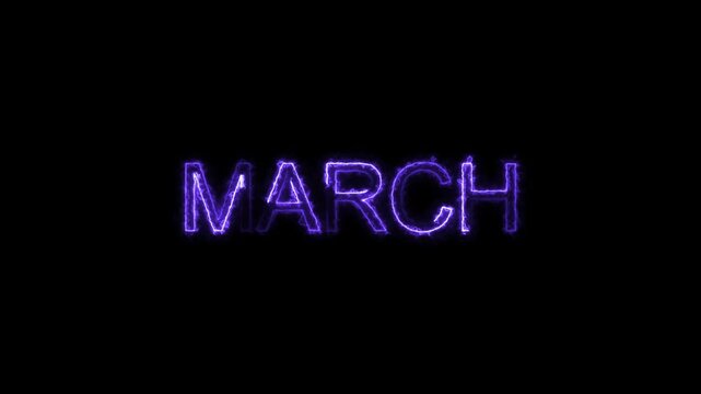 Neon electric month name march text sign icon animation on isolated on black background.4k motion video.