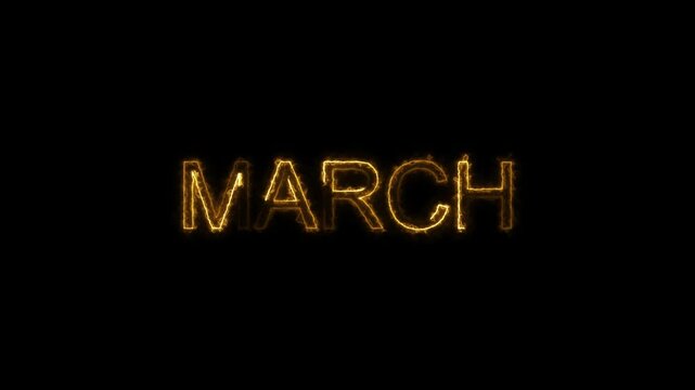 Neon electric month name march text sign icon animation on isolated on black background.4k motion video.