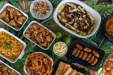 Seafood buffet with many choices of dishes in vibrant colors