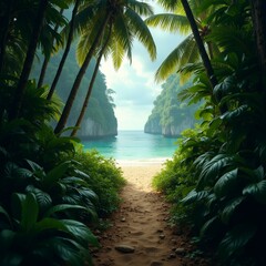 beautiful landscape tropical beach sky blue white clouds water deep turquoise color beach surrounded lush greenery including palm trees tropical plants side rocky cliff small island distance ground