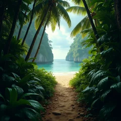 Selbstklebende Fototapeten beautiful landscape tropical beach sky blue white clouds water deep turquoise color beach surrounded lush greenery including palm trees tropical plants side rocky cliff small island distance ground © IgorImageDoc