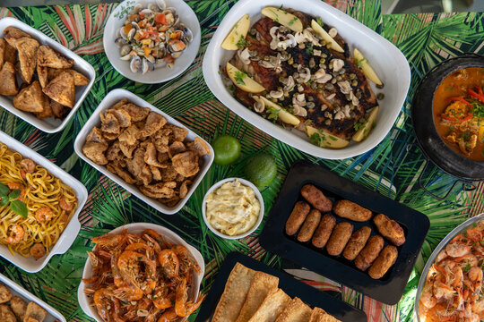 Seafood buffet with many choices of dishes in vibrant colors