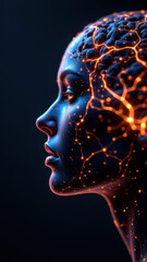 Obraz premium Image features a female character with an artificial brain composed of glowing circuitry within her head, representing advanced AI technology and concepts of AGI or Artificial General Intelligence.