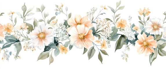Fototapeta premium A delicate floral design featuring soft pastel flowers and greenery.