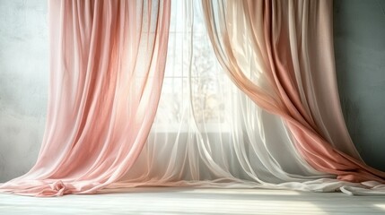 Sheer peach curtains, sunlit window, textured wall, interior design