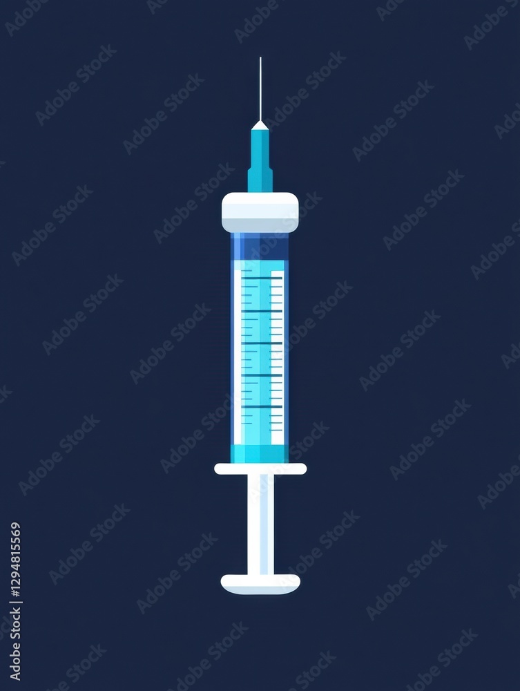 Poster syringe with blue liquid filled, placed against a dark background showing measurement markings clear