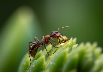 Ant Drinking a Droplet of Water on Green Succulent Plant