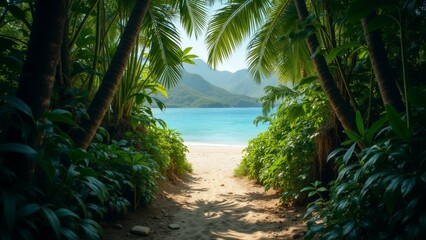 Obraz premium beautiful landscape tropical beach sky blue water deep turquoise color beach surrounded lush greenery tall palm trees tropical plants either side distance mountain range snow capped peaks sun shining