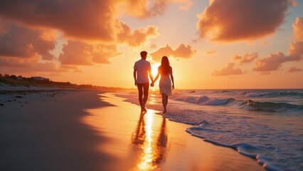 Fototapeta premium couple walking beach sunset sky filled orange yellow hues sun setting horizon casting warm glow over water couple holding hands walking towards horizon sand golden waves gently lapping against shore