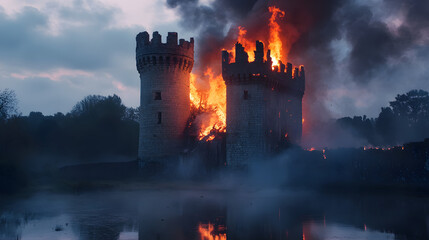 Fototapeta premium A burning castle tower collapsing into a moat at twilight.