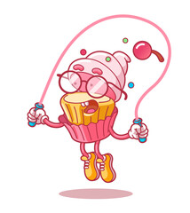 Sweet workout: cupcake living an active lifestyle. Logo comic style with contour. Modern flat style thin line vector illustration isolated on white background.