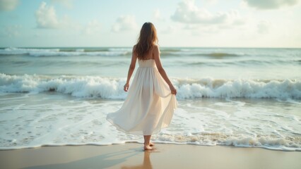young woman walking beach she wearing long white dress flowing wind woman has long blonde hair facing away camera ocean visible background small waves crashing onto shore sky blue white clouds