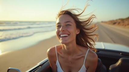 young woman sitting driver seat convertible car beach she wearing white tank top has her hair flying wind woman smiling widely appears enjoying moment background ocean clear blue sky sun setting