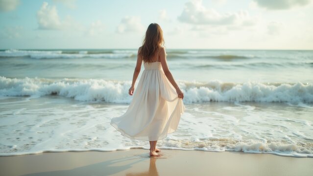 young woman walking beach she wearing long white dress flowing wind woman has long blonde hair facing away camera ocean visible background small waves crashing onto shore sky blue white clouds - Powered by Adobe