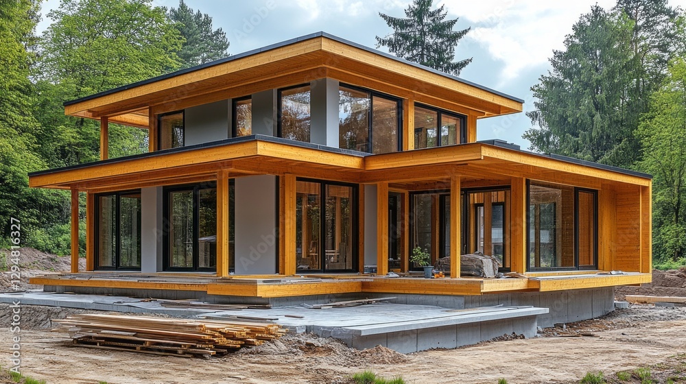 Poster a stunning modern structure takes shape amidst lush greenery, showcasing large windows and wooden ac
