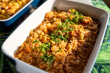 Seafood buffet with many choices of dishes in vibrant colors
