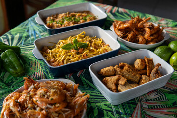 Seafood buffet with many choices of dishes in vibrant colors