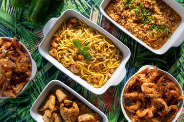 Seafood buffet with many choices of dishes in vibrant colors