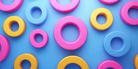 Fototapeta premium Colorful geometric shapes create a playful pattern against a blue background in a creative design setting