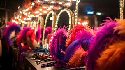 A casinos backstage area for showgirls filled with feather costumes and makeup mirrors.