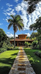 Fototapeta premium Sunlight bathes the colorful house and lush yard, creating a picturesque view. A tastefully designed walkway invites visitors to explore the vibrant surroundings and rich foliage