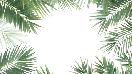 Obraz premium Tropical Palm Leaves Frame Elegant Green Nature Design White Background Summer Vacation Botanical Illustration Fresh Foliage Exotic Plants Greenery 
