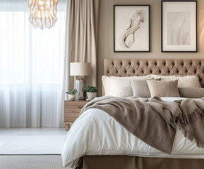 Przytulna sypialnia z łóżkiem i zagłówkiem, białe firany w oknie