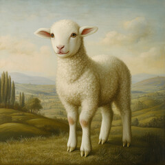 Fototapeta premium a small white sheep standing against a backdrop of green hills and blue sky. Its wool is soft and curly, and its gaze is calm and friendly. 