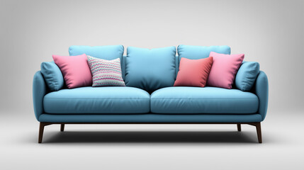 Niebieska sofa 2 osobowa i kolorowe poduszki na pustym tle